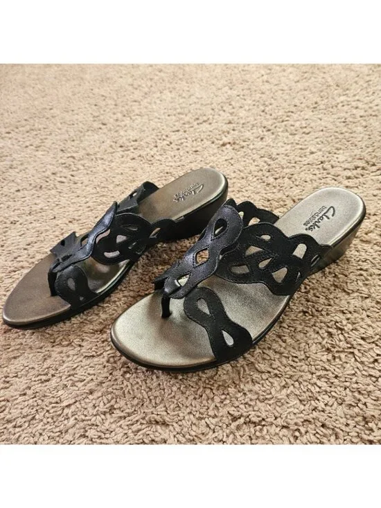 Clarks Bendables Wedge Sandals Womens 10M Black 37059 Comfort Slip On Slides - Picture 7 of 10